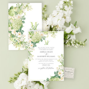 Formele groene Hortensia bloemige monogram bruilof Kaart