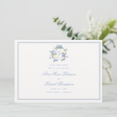 Formele Hortensia's Crest Blue Ivoorkleurig Frame Save The Date (Staand voorkant)