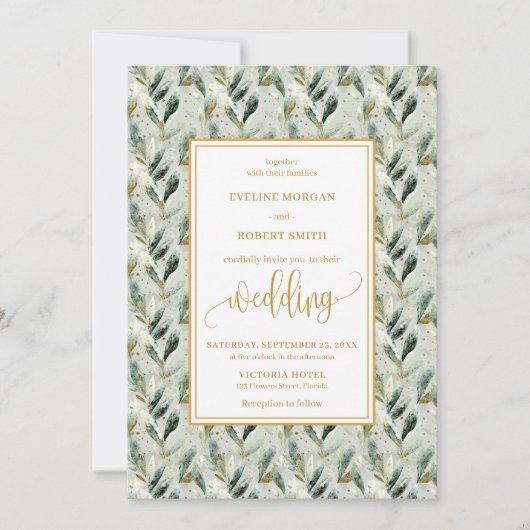 Formele Hunter Green Gold Foliage Wedding Uitnodig Kaart (Voorkant)