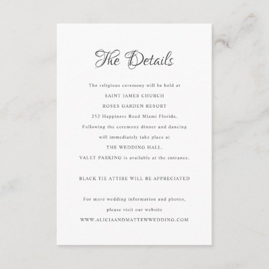 Formele kalligrafie bruiloft details informatiekaartje (Voorkant)