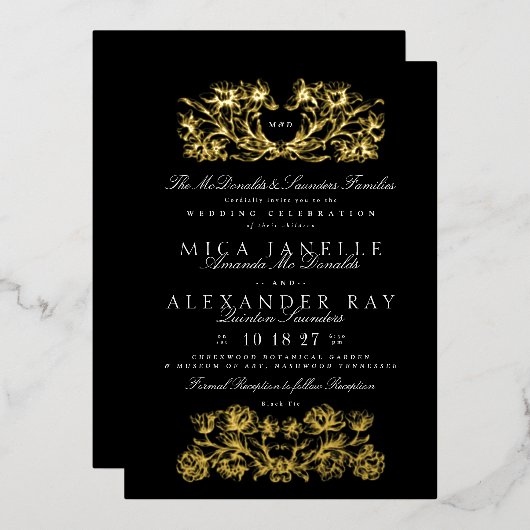 Formele kalligrafie Elegant Zwart Goud Folie Folie Uitnodiging (Voorkant / Achterkant)