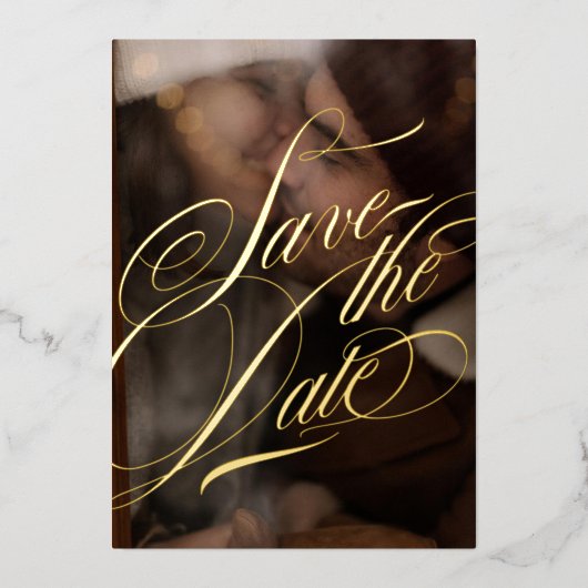 Formele kalligrafie foto zwart en echt goud folie uitnodiging (Voorkant)