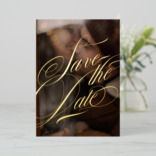 Formele kalligrafie foto zwart en echt goud folie uitnodiging (Staand Voorkant)