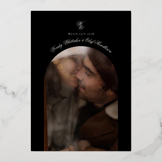 Formele kalligrafie foto zwart en echt goud folie uitnodiging (Achterkant)