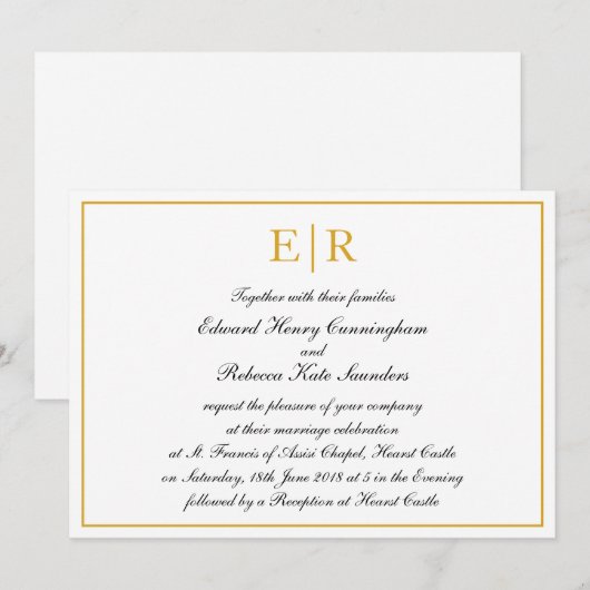 Formele kalligrafie Gold Monogram Royal Wedding Kaart (Voorkant / Achterkant)