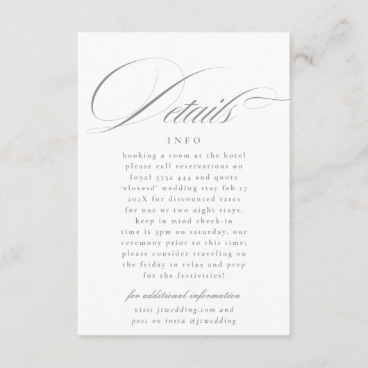 Formele kalligrafie grijs groen bruiloft details informatiekaartje (Voorkant)