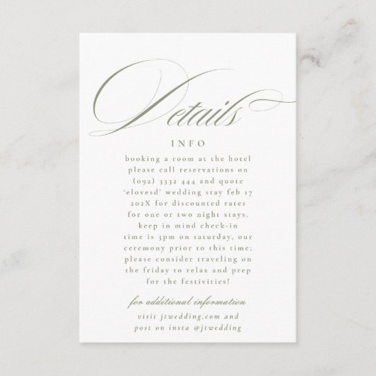 Formele kalligrafie Sage Groene Bruiloft Details Informatiekaartje (Voorkant)