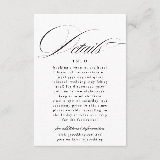 Formele Kalligrafie Zwart Wit Bruiloft Details Informatiekaartje (Voorkant)