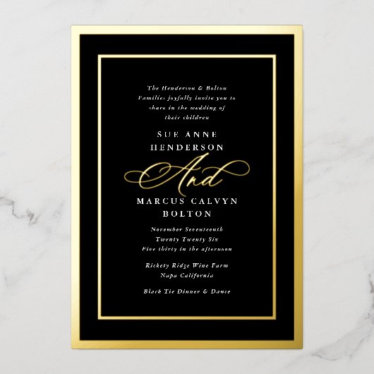 Formele Kalligrafie Zwart & Wit Lijsten Bruiloft Folie Uitnodiging (Voorkant)