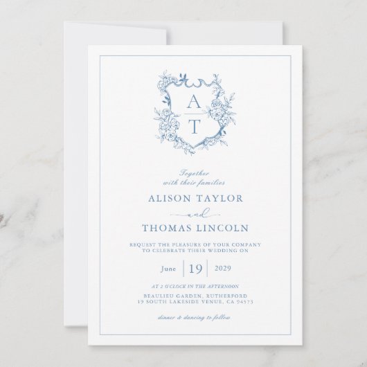 Formele Kam Levendige Blauwe Monogram Bruiloft Kaart (Voorkant)