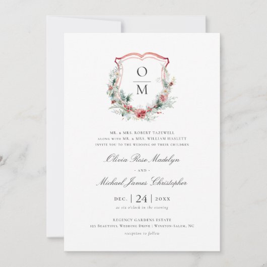 Formele Kerst Floral Crest Monogram Huwelijk Kaart (Voorkant)