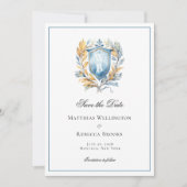Formele Klassieke Blauwe Kam Monogram Bruiloft Fot Save The Date (Voorkant)