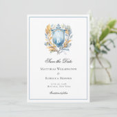 Formele Klassieke Blauwe Kam Monogram Bruiloft Fot Save The Date (Staand voorkant)