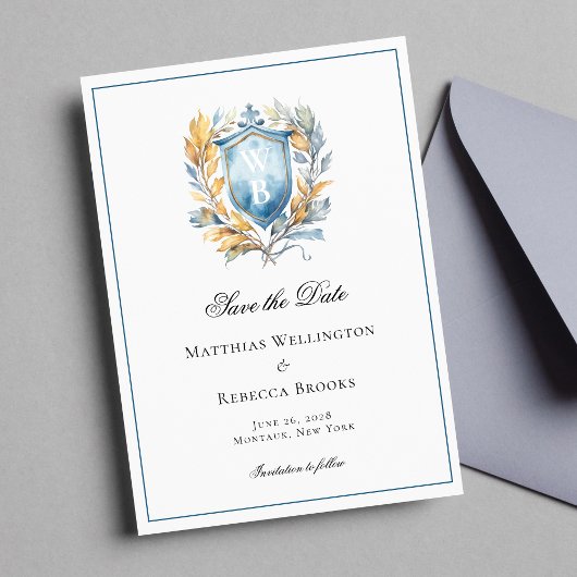 Formele Klassieke Blauwe Kam Monogram Bruiloft Fot Save The Date