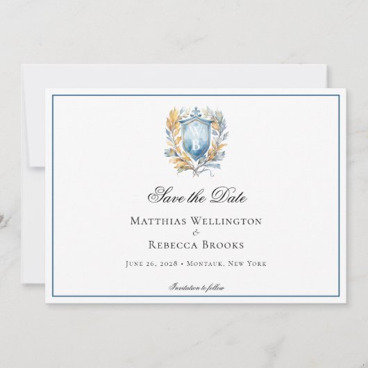 Formele Klassieke Blauwe Kam Monogram Bruiloft Fot Save The Date (Voorkant)