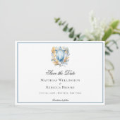 Formele Klassieke Blauwe Kam Monogram Bruiloft Fot Save The Date (Staand voorkant)