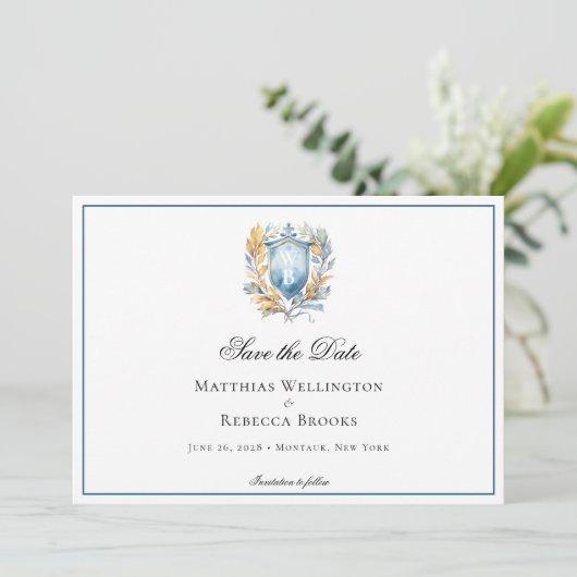 Formele Klassieke Blauwe Kam Monogram Bruiloft Fot Save The Date (Staand voorkant)