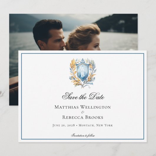 Formele Klassieke Blauwe Kam Monogram Bruiloft Fot Save The Date (Voorkant / Achterkant)