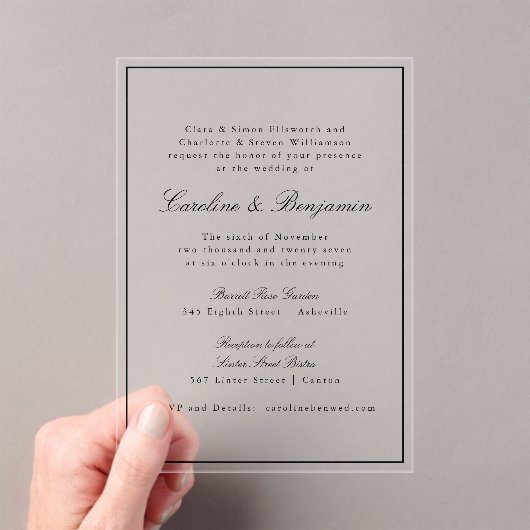 Formele klassieke grens Manuscript Elegant Wedding Acryl Uitnodigingen (Insitu (Draagbaar))