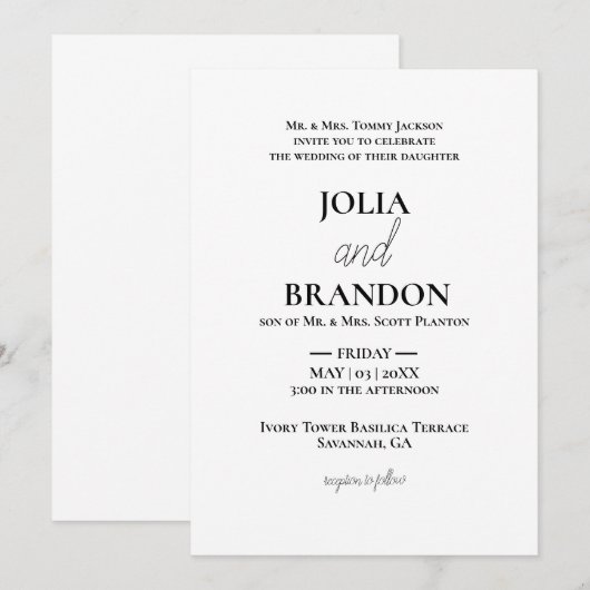 Formele Klassieke Minimale Witte & Zwarte Huwelijk Kaart (Voorkant / Achterkant)