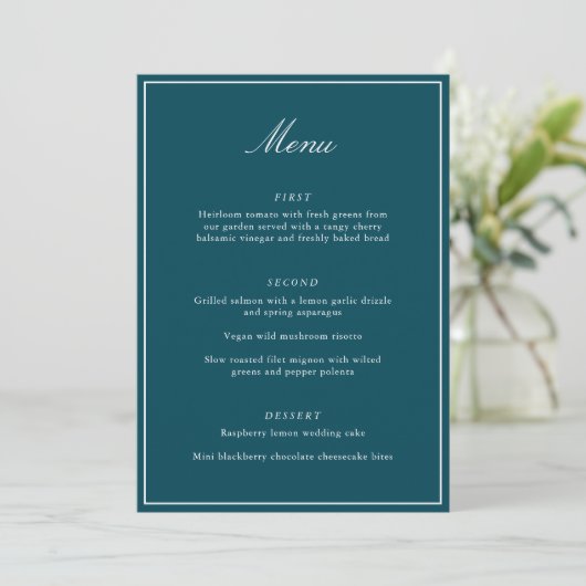 Formele Klassieke Rand Teal Script Elegante Trouwd Menu (Staand voorkant)