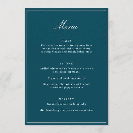 Formele Klassieke Rand Teal Script Elegante Trouwd Menu (Voorkant)
