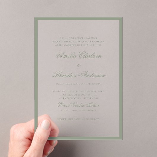 Formele klassieke Sage Green Border & Script Weddi Acryl Uitnodigingen (Insitu (Draagbaar))