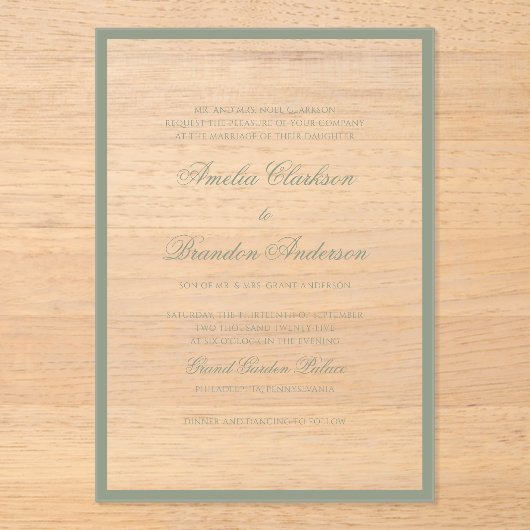 Formele klassieke Sage Green Border & Script Weddi Acryl Uitnodigingen (Voorkant)