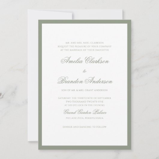 Formele klassieke Sage Green Border Script Wedding Kaart (Voorkant)