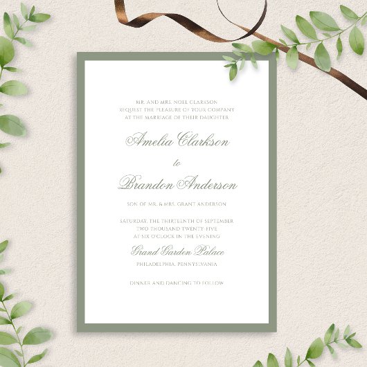 Formele klassieke Sage Green Border Script Wedding Kaart