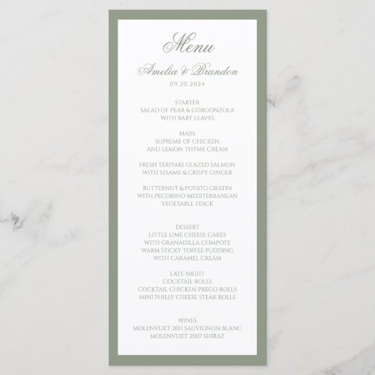 Formele klassieke Sage Green Border Script Wedding Menu (Voorkant)