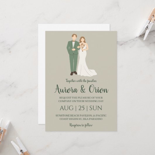 Formele klassieke Sage Green bruiloft uitnodiginge Kaart (Voorkant / Achterkant in situ)
