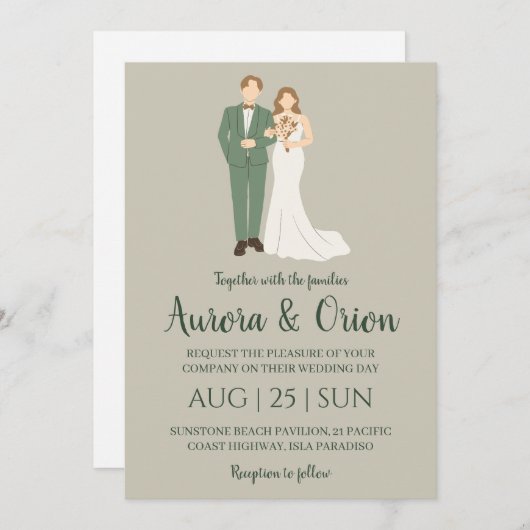 Formele klassieke Sage Green bruiloft uitnodiginge Kaart (Voorkant / Achterkant)