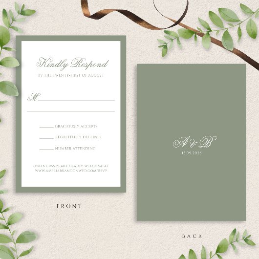 Formele klassieke Sage Green Monogram Border Weddi RSVP Kaartje