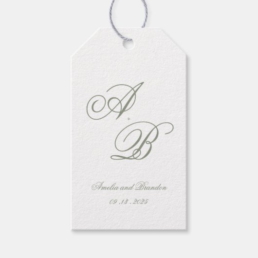 Formele klassieke Sage Green Monogram Script Weddi Cadeaulabel (Voorkant)