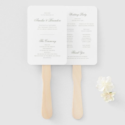 Formele klassieke Sage Green Script Wedding Progra Handwaaier (Voorkant en achterkant)