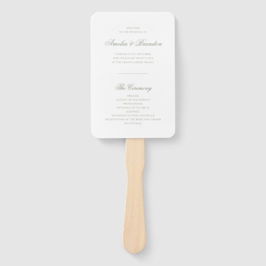Formele klassieke Sage Green Script Wedding Progra Handwaaier (Voorkant)
