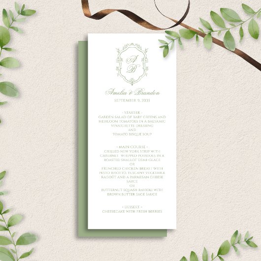 Formele Klassieke Saliegroene Monogram Wapen Huwel Menu