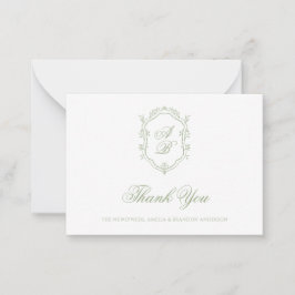 Formele Klassieke Saliegroene Monogram Wapen Huwel Notitiekaartje