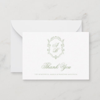Formele Klassieke Saliegroene Monogram Wapen Huwel Notitiekaartje