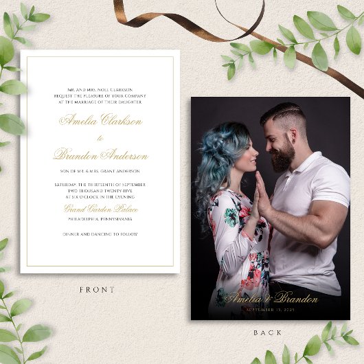 Formele Klassieke Zwart & Goud Script Fotobruiloft Kaart