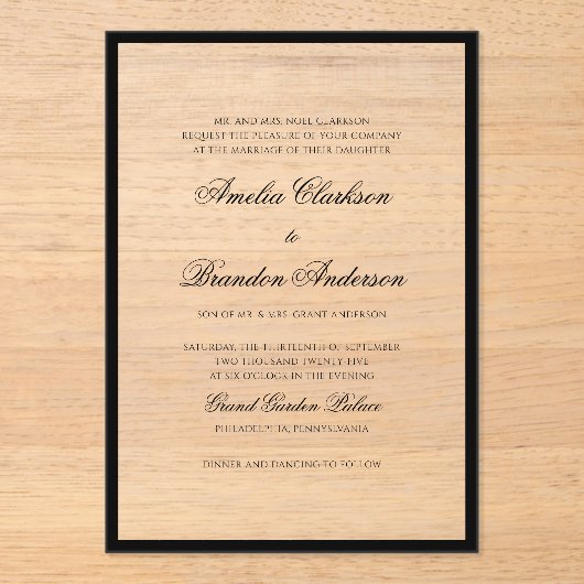 Formele Klassieke Zwart & Wit Grensschrift Bruilof Acryl Uitnodigingen (Voorkant)