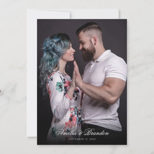 Formele Klassieke Zwart & Wit Script Fotobruiloft Kaart (Achterkant)