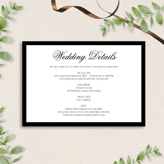 Formele Klassieke Zwart-Wit Trouwdetails Informatiekaartje