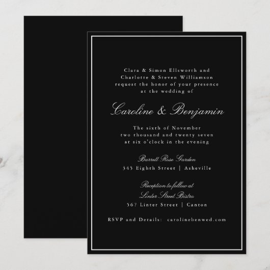 Formele klassieke zwarte Script elegante bruiloft  Kaart (Voorkant / Achterkant)