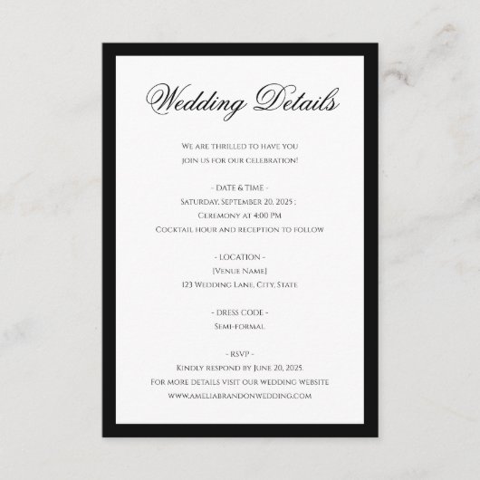 Formele Klassieke Zwarte Witte Rand Trouwdetails Informatiekaartje (Voorkant)