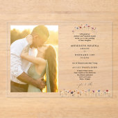 Formele Kleurrijke Bloemen Trouwfoto Horizontaal Acryl Uitnodigingen (Voorkant)