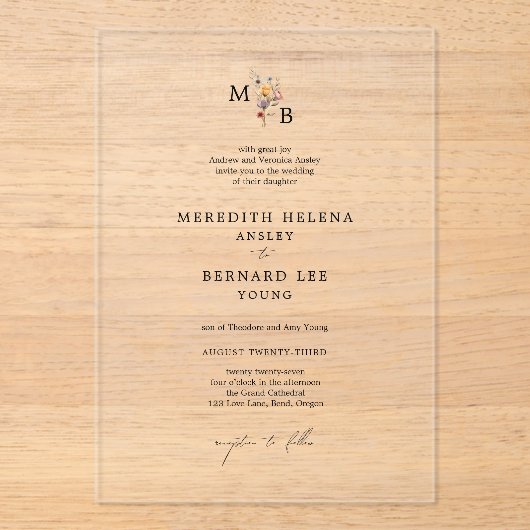 Formele kleurrijke bloemenmonogram bruiloft acryl uitnodigingen (Voorkant)