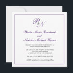 Formele koninklijk Paars monogram plein bruiloft Kaart<br><div class="desc">Traditionele en klastige uitnodiging voor een vierkant huwelijk met een eenvoudig design met je twee initiaal monogram en je namen in een elegante royal paarse kalligrafie binnen een dunne rand. De achterkant is stevig paars. Dit klassieke ontwerp is perfect voor een officiële bruiloft in de herfst/herfst.</div>