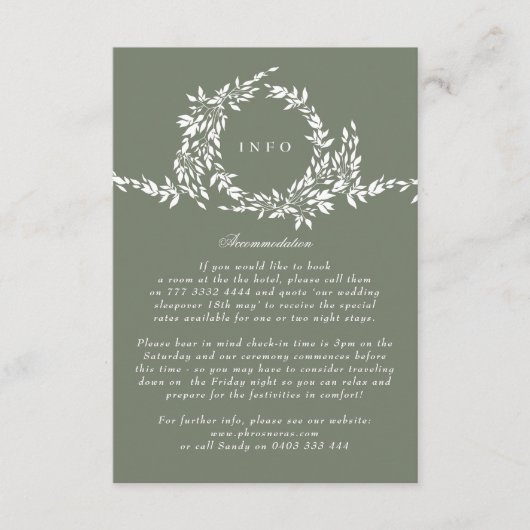 Formele krans Sage Groene Elegante Huwelijksdetail Informatiekaartje (Voorkant)